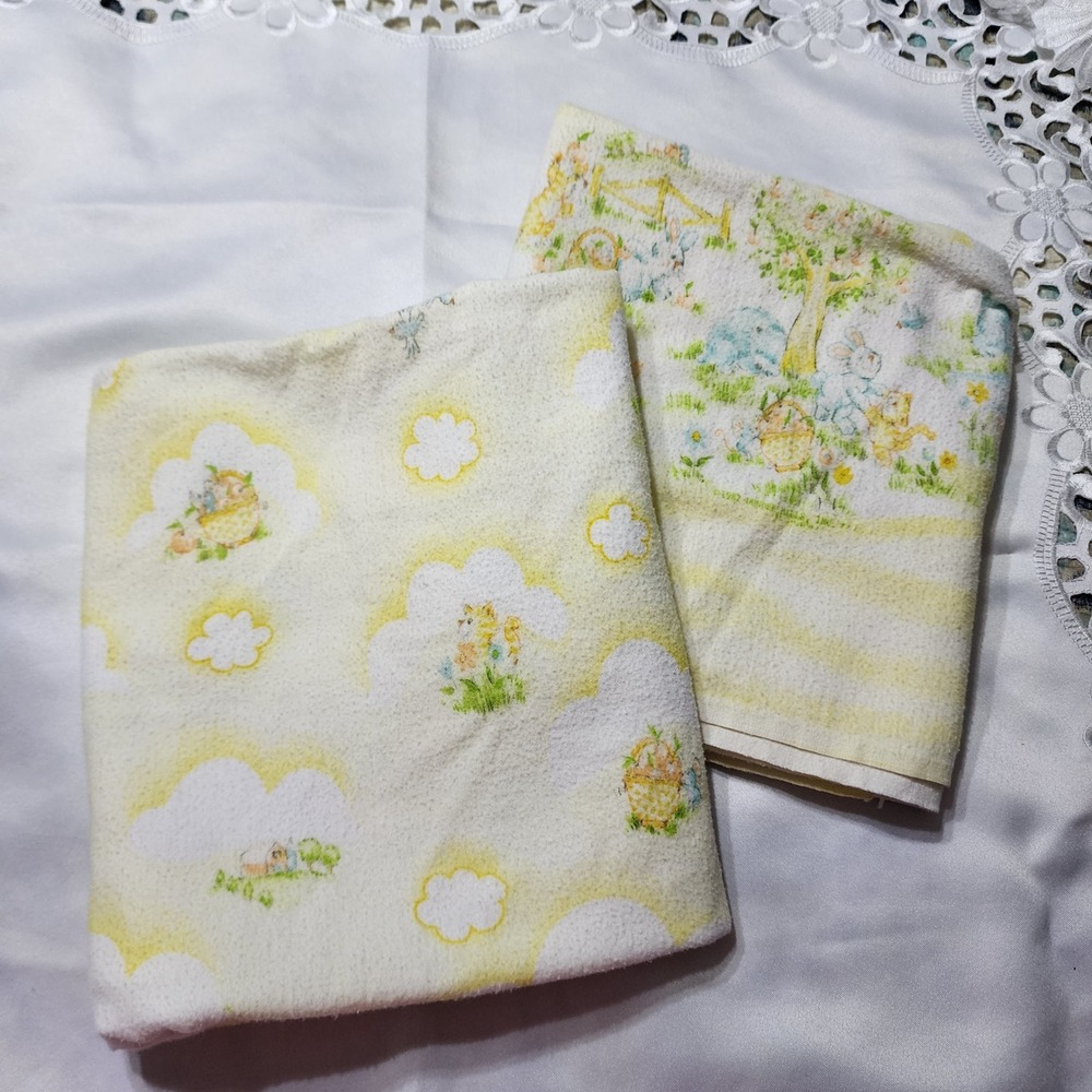 Vintage Dundae Receiving Blanket Pastel‎ Bunny Duck Kitten Bear Flannel Nursery